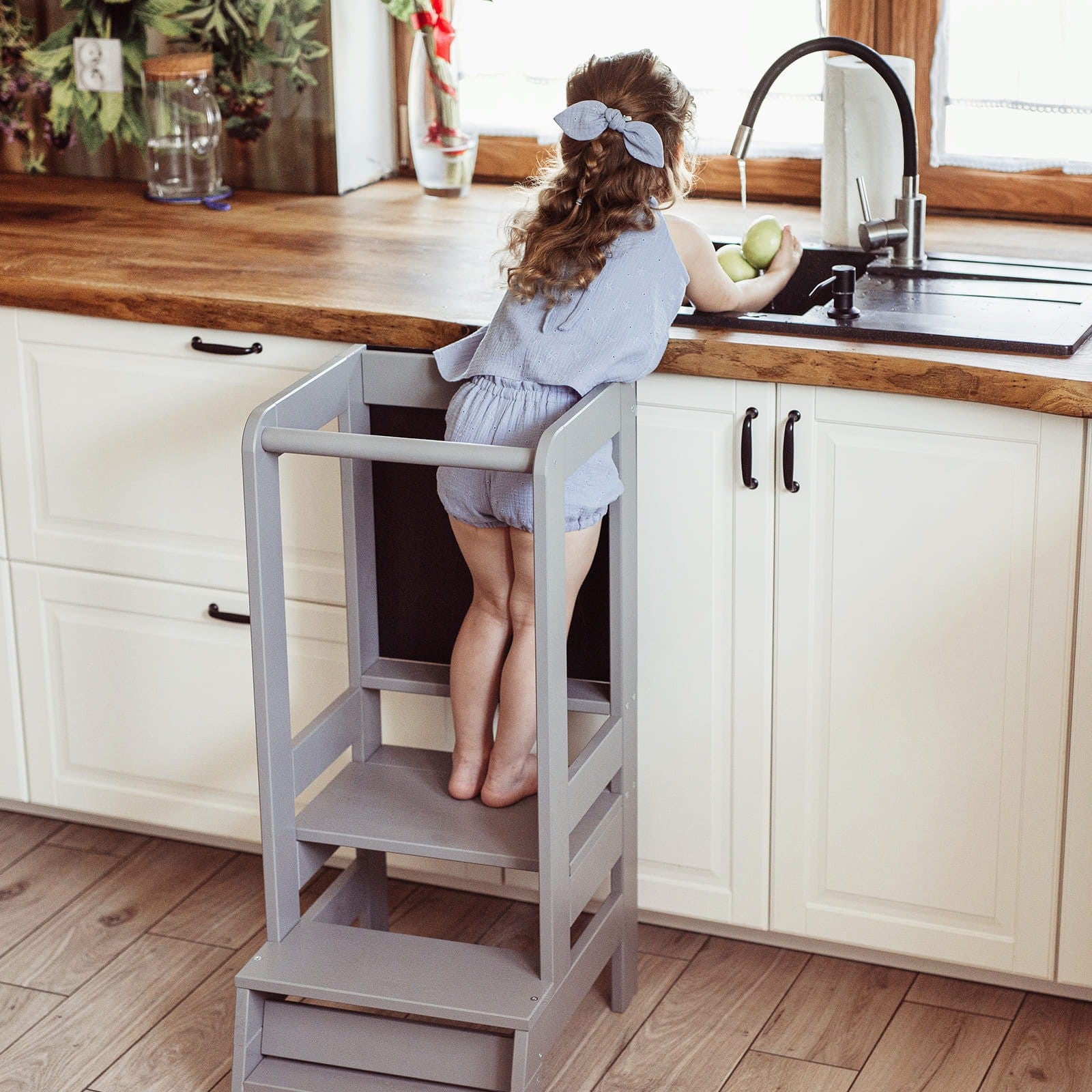 MeowBaby Wooden Kitchen Helper for Children with Board - Dark Grey
